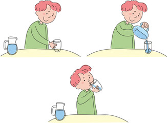 The child is thirsty. He pours water from the pitcher into the glass on the table and drinks it.