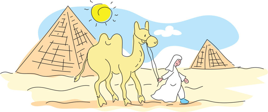 Egyptian pyramids and camels drawing.