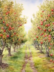 Fototapeta na wymiar Autumnal Orchard Rows: Delicate Watercolor Depictions of Orchards