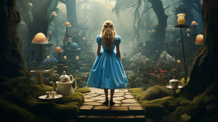 Alice in Wonderland Standing on a Pathway in a Fairy Tale Environment