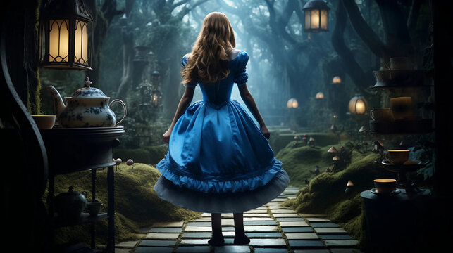 Alice in Wonderland Standing on a Pathway in a Fairy Tale Environment