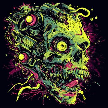 t-shirt design, zombie x mecha, vivid color, vector
