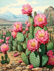Blooming Cactus Illustrations: Rolling Hills Art for Desert Flora Decor
