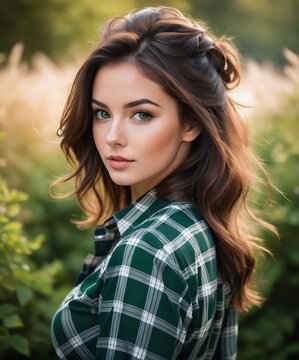  a beautiful brunette Scottish girl, green eyes, messy beehive hair style, 