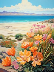 Fototapeta na wymiar Blooming Desert Florals: A Tapestry of Desert Blooms Meeting Sandy Shores