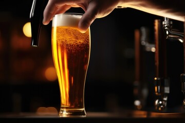 Bartender pouring draught beer in bar/pub. - obrazy, fototapety, plakaty
