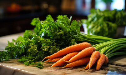 Fresh Organic Carrots with Greens on Kitchen Counter in Natural Light