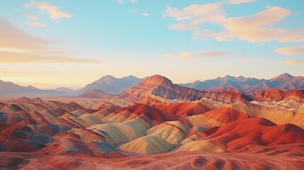 Rainbow Mountains in Zhangye Danxia National Geopark Gansu China Wallpaper Background Beautiful Nature Landscape Blue Sky Panorama Concept of Adventure Travel Eco Tour with Copy Space 16:9