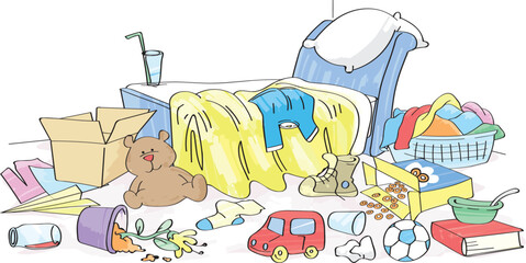 Illustration of a messy, untidy room.