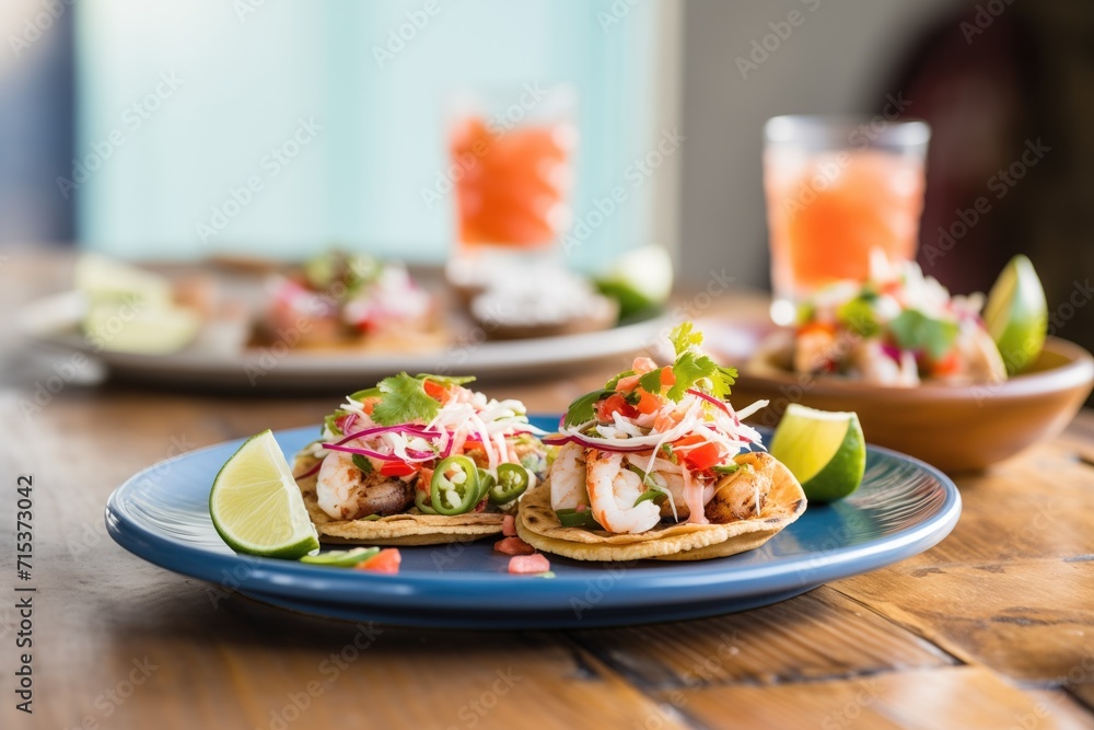 Sticker sopes filled with seafood, lime wedges on the side