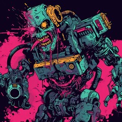 t-shirt design, zombie x mecha, vivid color, vector