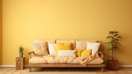 Fototapeta na wymiar ナチュラルな木製のソファーがあるシンプルな明るい黄色の壁の部屋、観葉植物と黄色のクッション