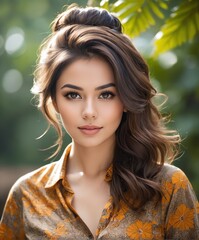 A picture of beautiful brunette woman, messy beehive hair