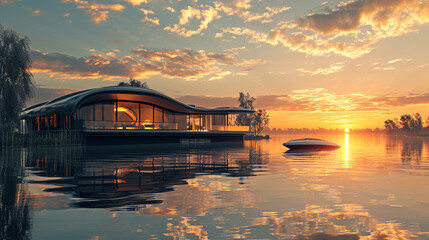 A futuristic house that floats on water - obrazy, fototapety, plakaty