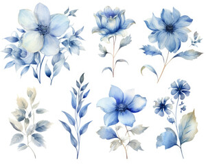 A Collection of Blue Flowers on a White Background
