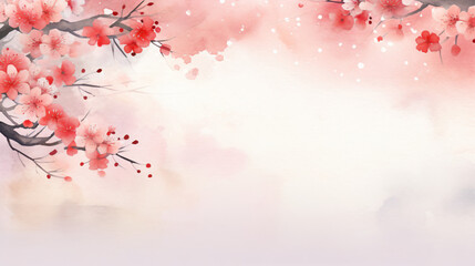 Obraz na płótnie Canvas 梅の花の淡い水彩フレーム、赤とピンク基調、コピースペース有