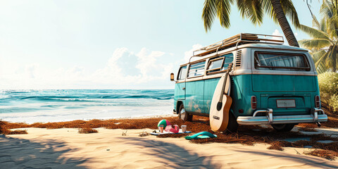 Summer Beach Vacation with Vintage Van, Surfboard, Guitar, Beach Ball, and Flip-Flops on Tropical Seaside - obrazy, fototapety, plakaty