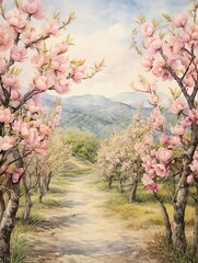 Fototapeta premium Blossoming Peach Orchards Watercolor Landscape: Soft Orchard Tones Art Print