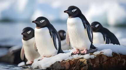 Obraz premium A group of adelie penguins, with a rocky shoreline covered in snow as the background, during their breeding season