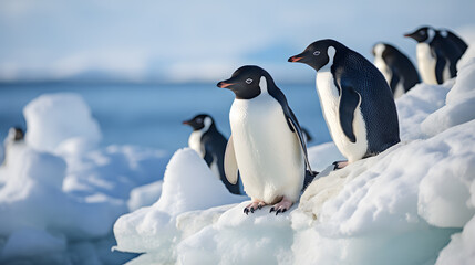 Obraz premium A group of adelie penguins, with a rocky shoreline covered in snow as the background, during their breeding season