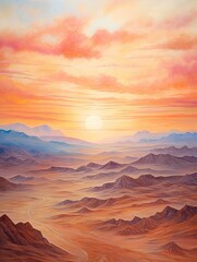 Naklejka premium Bohemian Desert Sunsets: Handmade Landscape Painting of Dawn in Desert Landscape Art.