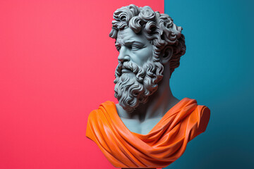 Aesthetic greek bust on solid bright color background