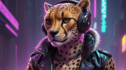 Cheetah Beats in Synthwave Stripes by Alex Petruk AI GENERATED - obrazy, fototapety, plakaty