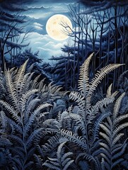 Botanical Fern Illustrations: Moonlit Twilight Landscape