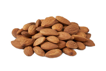 pile of peeled raw almond nut seed isolated on white background