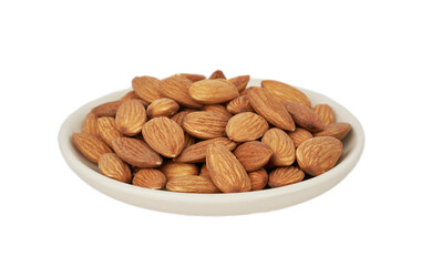 pile of peeled raw almond nut seed isolated on white background in bowl