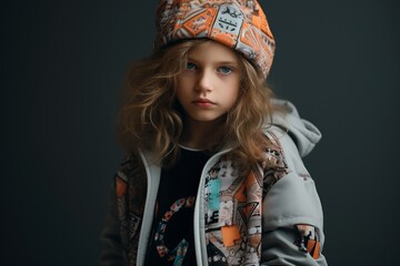 Fashionable little girl with long curly hair in a knitted hat and jacket on a dark background