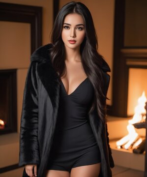  Incredible stunning asian woman wearing a black bodysuit and fur coat posing in front of a fireplace. Boudoir