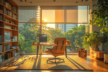 An eco-friendly corner office with a view of nature and minimalist furniture,