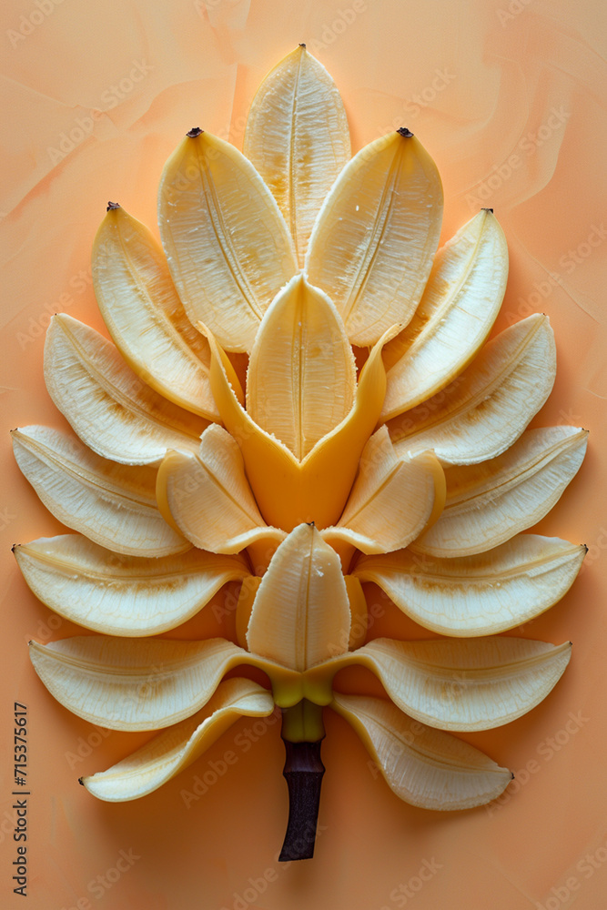 Poster delicate banana chips arranged in a symmetrical pattern on a pastel canvas,
