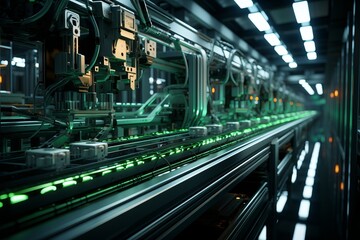 Fototapeta premium Automated Production Line, on an isolated Neon Green background, Generative AI