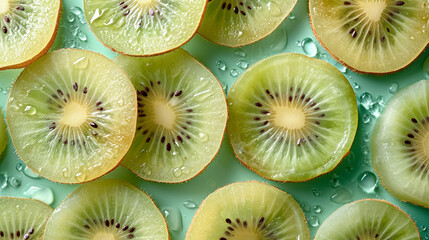 A minimalist arrangement of dried kiwi slices on a gentle pastel hue,