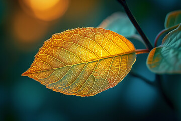 Close-up of a single leaf with light filtering through, revealing intricate veins,