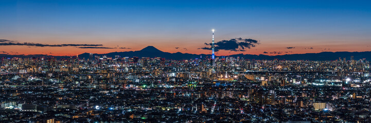 Cityscape of greater Tokyo area with Mount Fuji and Tokyo skytree at magic hour.	