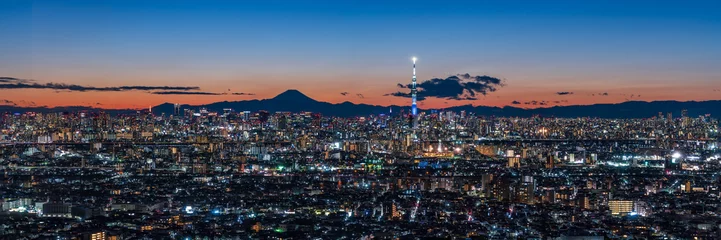 Türaufkleber Cityscape of greater Tokyo area with Mount Fuji and Tokyo skytree at magic hour.  © hit1912