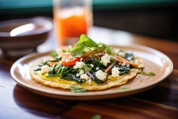open-face veggie omelette with feta and spinach leaves on top