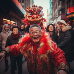 Joyful man wearing traditional Chinese costume during a New Year parade with a lion dance puppet in the background.
