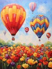 Colorful Hot Air Balloons Over Countryside: Vibrant Village Festival Art