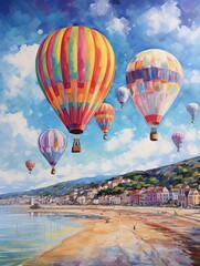 Colorful Hot Air Balloons: Beach Scene Painting & Seafront Flight