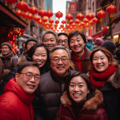 Group of joyful people, family and friends, smiling for a selfie during Chinese New Year celebrations with red lanterns in the background.
