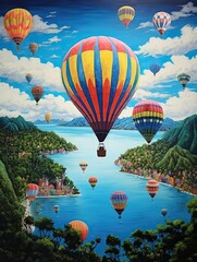 Fototapeta premium Colorful Hot Air Balloons: Island Artwork and Overwater Flight
