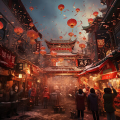 Festive Chinese New Year scene with floating lanterns above a busy traditional street, firecrackers, and historical architecture.
