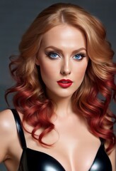 Fototapeta premium A beautiful red-haired woman with blue eyes and red lipstick, wearing a black latex top.