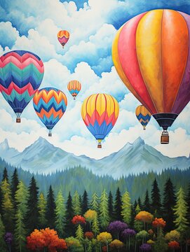 Colorful Hot Air Balloons Takeoff in Meadow: Vibrant Painting of Ground Scene