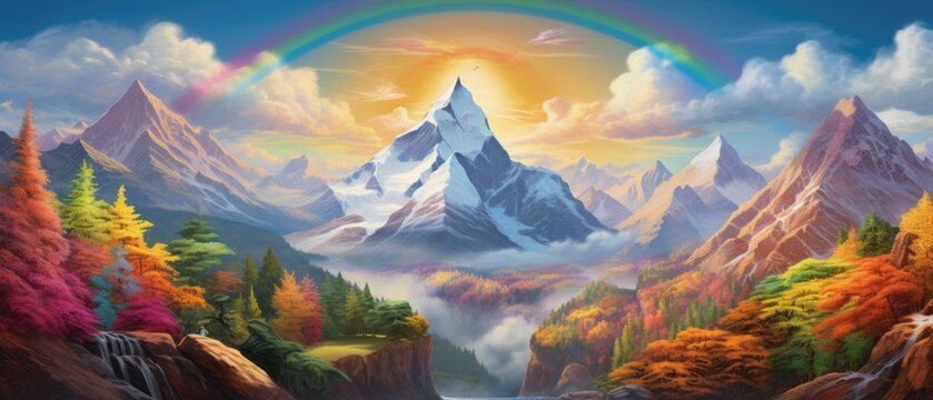 Vibrant landscape with mountains, rainbow, and autumn foliage. Fantasy and nature.
