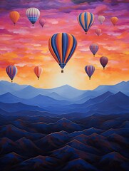 Colorful Hot Air Balloons: Dusk Ascension over a Twilight Landscape.